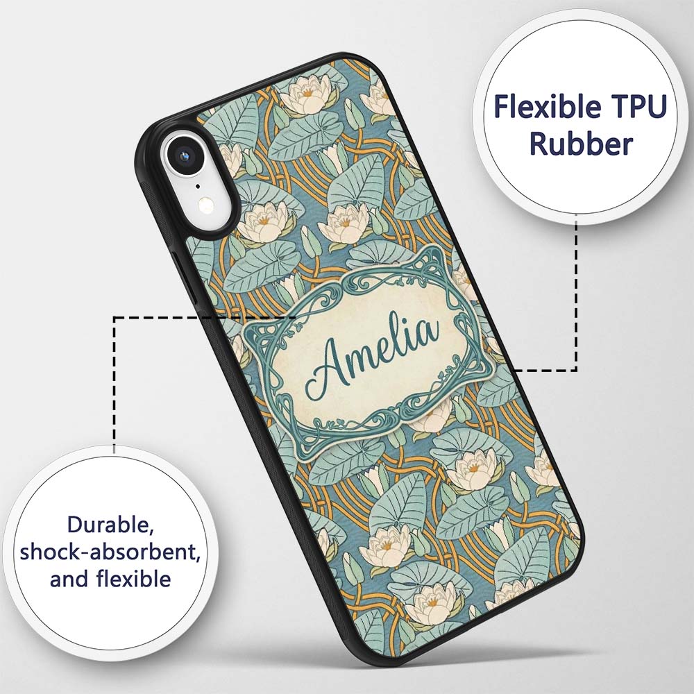Art Nouveau Lily Pond Floral Seamless Pattern Custom Name Protective Phone Case Mobile Cover Durable Everyday Smartphone Shock Resistant