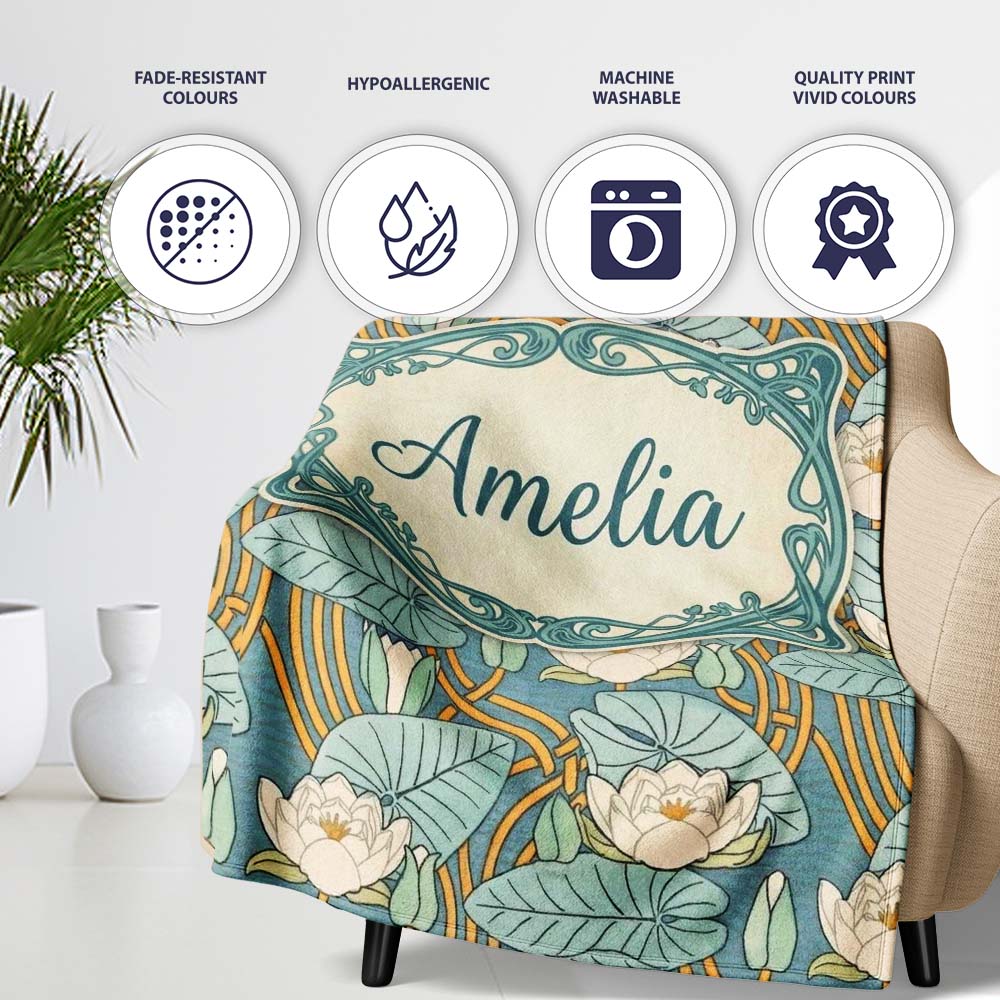 Art Nouveau Lily Pond Floral Seamless Pattern  Cute  Personalised Custom Name Super Soft Fleece Blanket Bed Sofa Throw