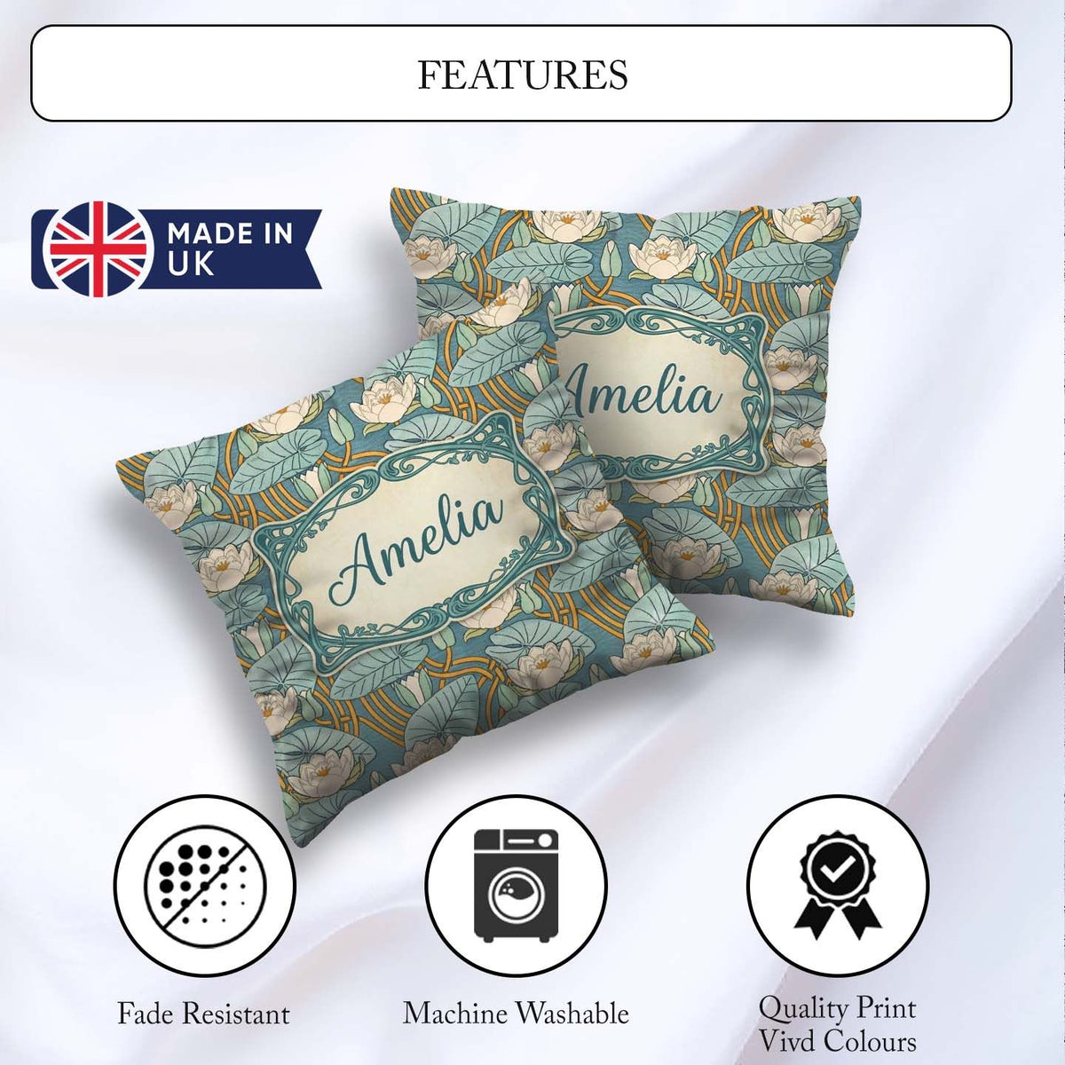 Custom Name Art Nouveau Lily Pond Floral Seamless Pattern Cute Square Filled Cushion Throw Pillow Sofa Bed Home Decor Zip Washable UK Made