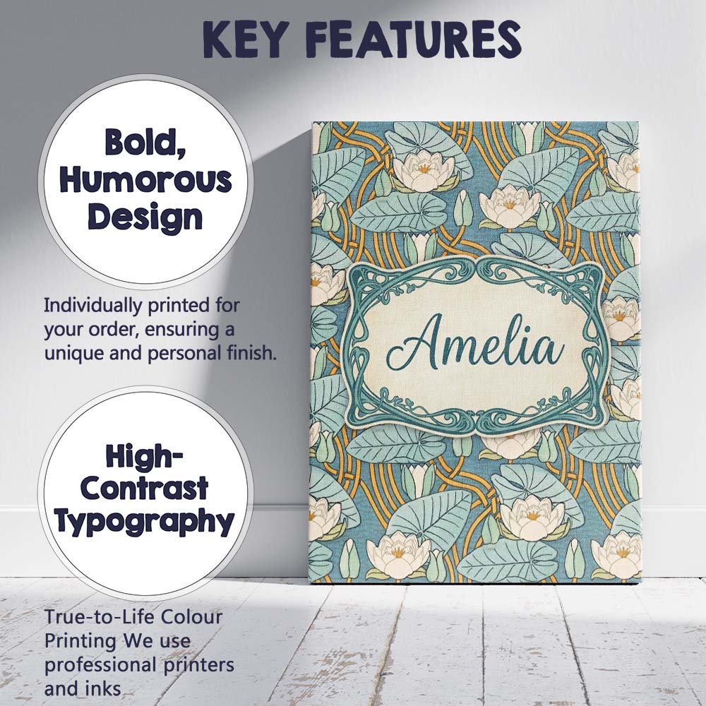 Personalised Name Nouveau Lily Pond Custom  Stylish Home Interior Elegant Feature Canvas Wall Art Print Decor Picture Ready to Hang