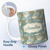 Personalized Custom Name Art Nouveau Lily Pond Floral Seamless Pattern Custom Name Cute 11oz Ceramic Coffee Tea Mug White Large Handle