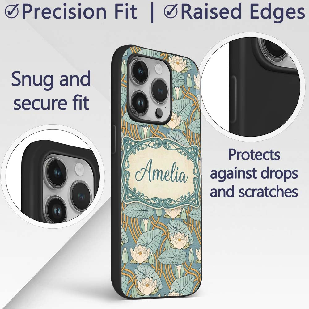 Art Nouveau Lily Pond Floral Seamless Pattern Custom Name Protective Phone Case Mobile Cover Durable Everyday Smartphone Shock Resistant
