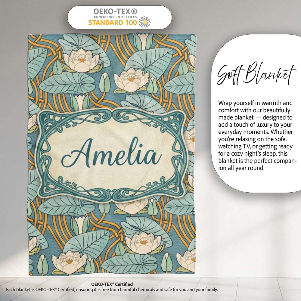 Art Nouveau Lily Pond Floral Seamless Pattern  Cute  Personalised Custom Name Super Soft Fleece Blanket Bed Sofa Throw