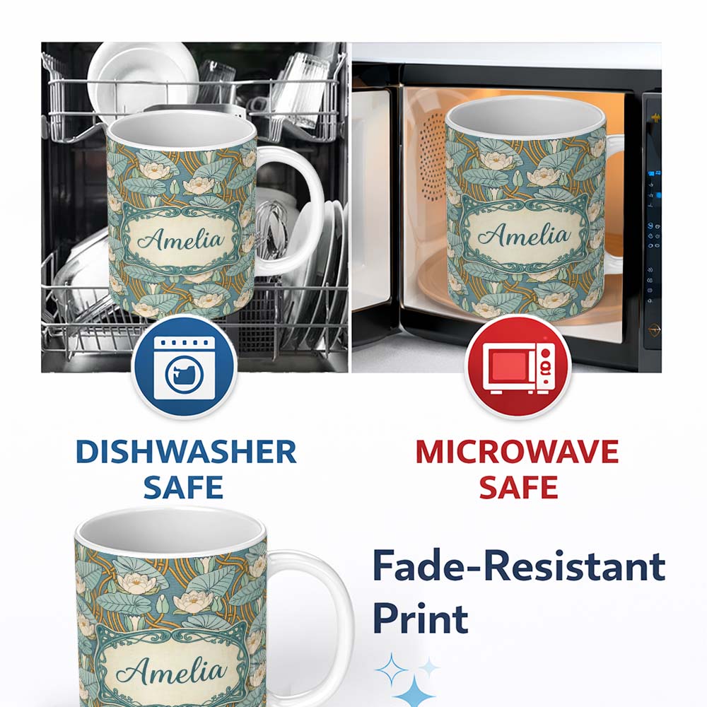 Personalized Custom Name Art Nouveau Lily Pond Floral Seamless Pattern Custom Name Cute 11oz Ceramic Coffee Tea Mug White Large Handle