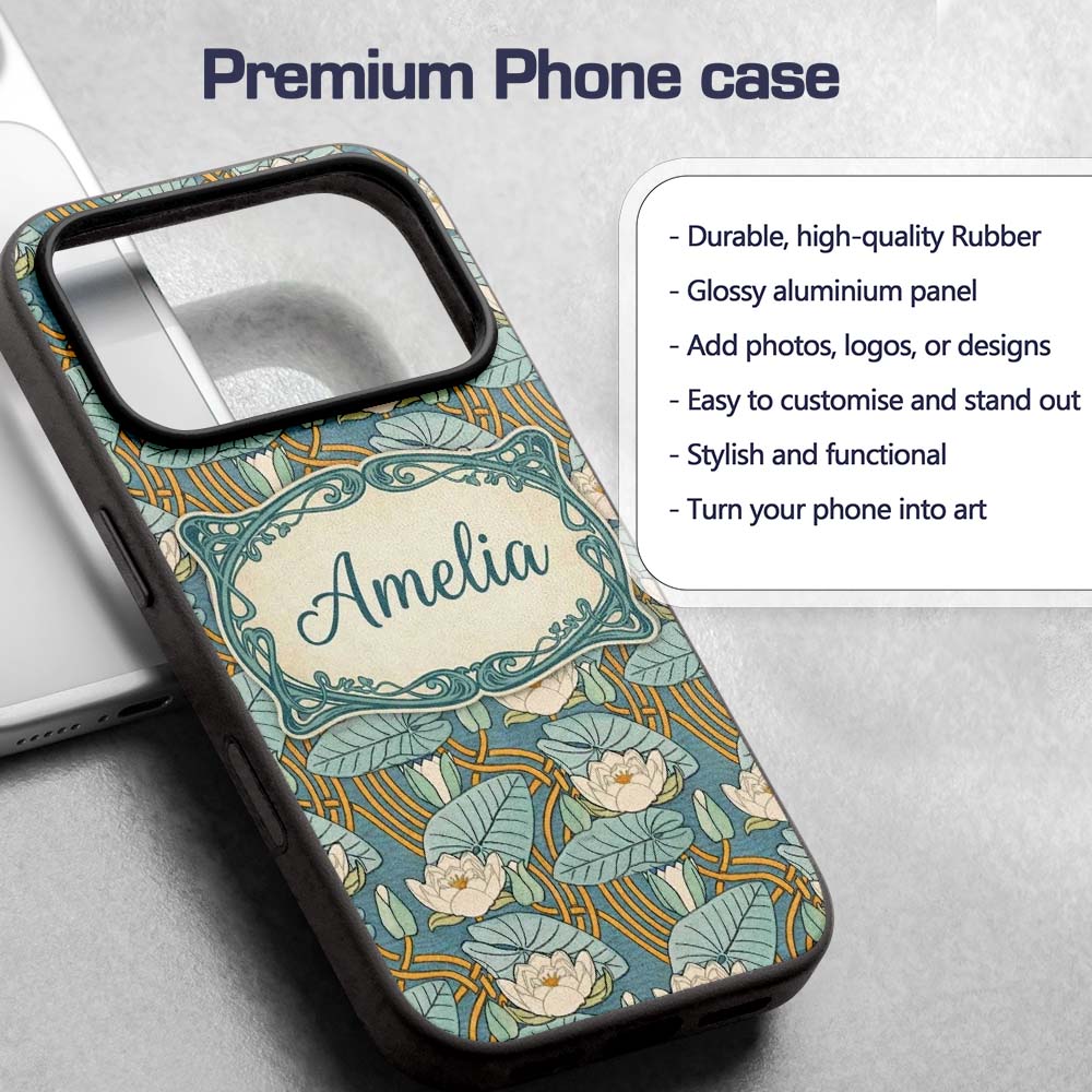 Art Nouveau Lily Pond Floral Seamless Pattern Custom Name Protective Phone Case Mobile Cover Durable Everyday Smartphone Shock Resistant