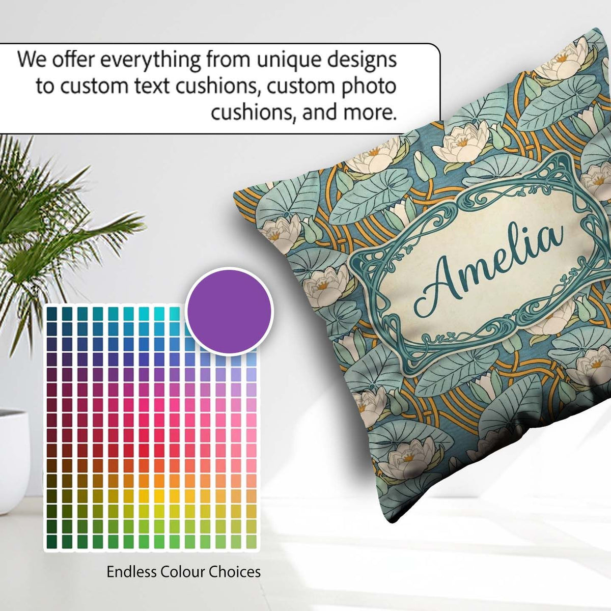 Custom Name Art Nouveau Lily Pond Floral Seamless Pattern Cute Square Filled Cushion Throw Pillow Sofa Bed Home Decor Zip Washable UK Made