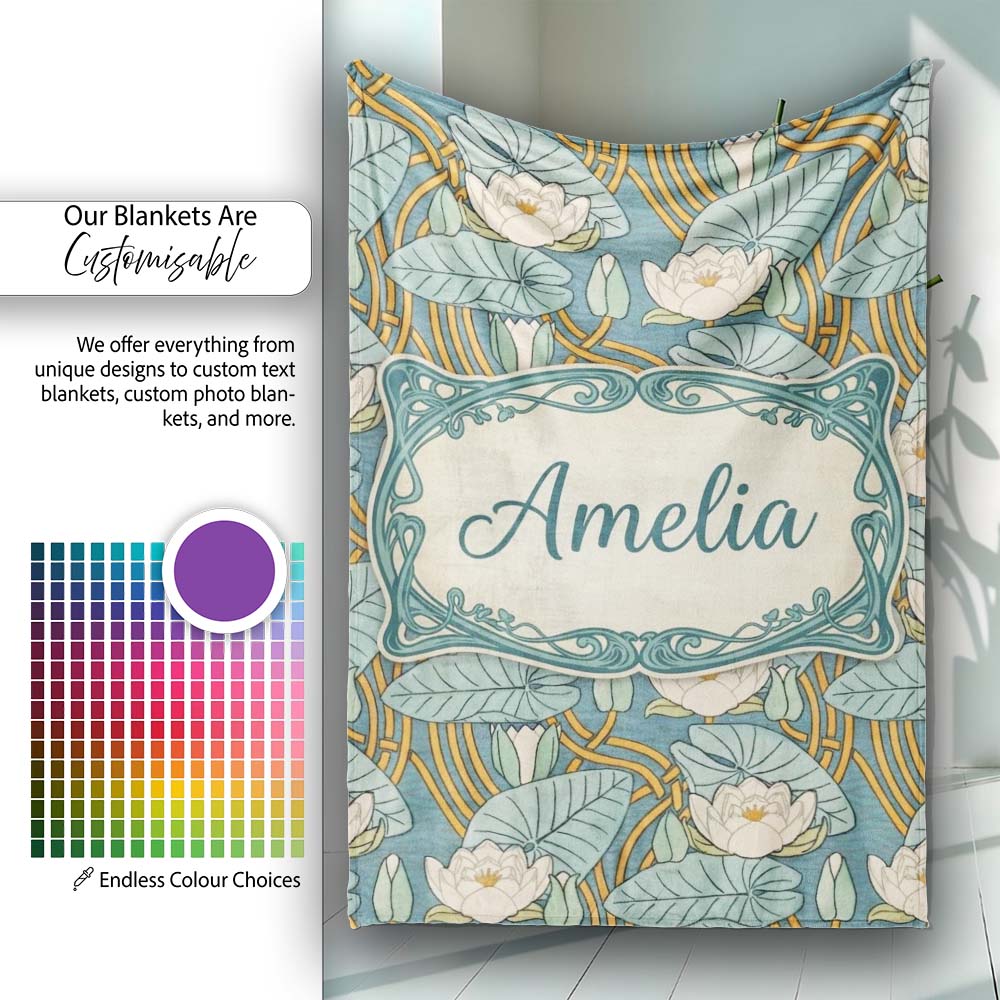 Art Nouveau Lily Pond Floral Seamless Pattern  Cute  Personalised Custom Name Super Soft Fleece Blanket Bed Sofa Throw