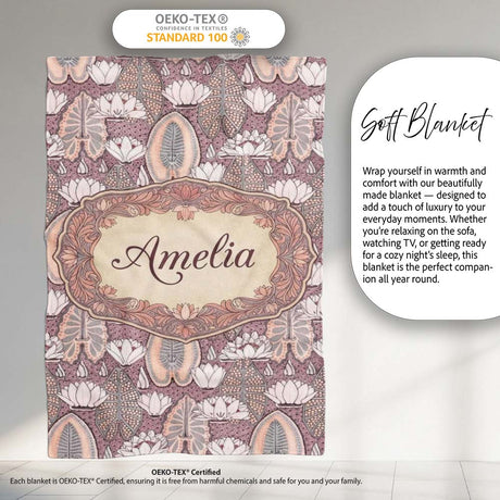 Vintage Lotus Floral Decorative Seamless Pattern Name Cute Unique  Personalised Custom Name Super Soft Fleece Blanket Bed Sofa Throw