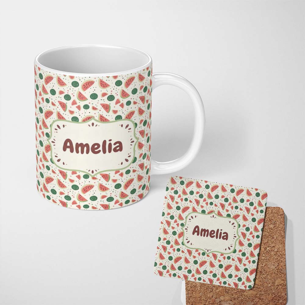Personalized Custom Name Playful Watermelon Fruit Summer Seamless Pattern Name Cute Unique 11oz Ceramic Coffee Tea Mug White Large Handle