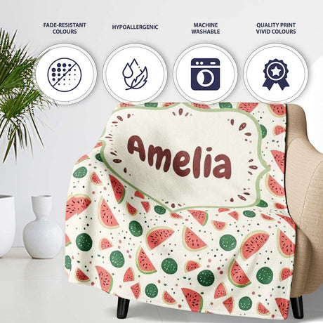 Playful Watermelon Fruit Summer Seamless Pattern Name Cute Unique  Personalised Custom Name Super Soft Fleece Blanket Bed Sofa Throw