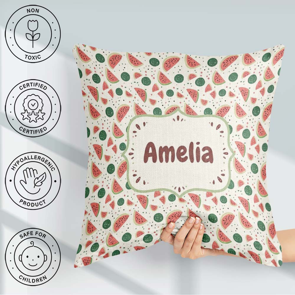 Custom Name Playful Watermelon Summer Seamless Pattern Name Cute Square Filled Cushion Throw Pillow Sofa Bed Home Decor Zip Washable UK Made