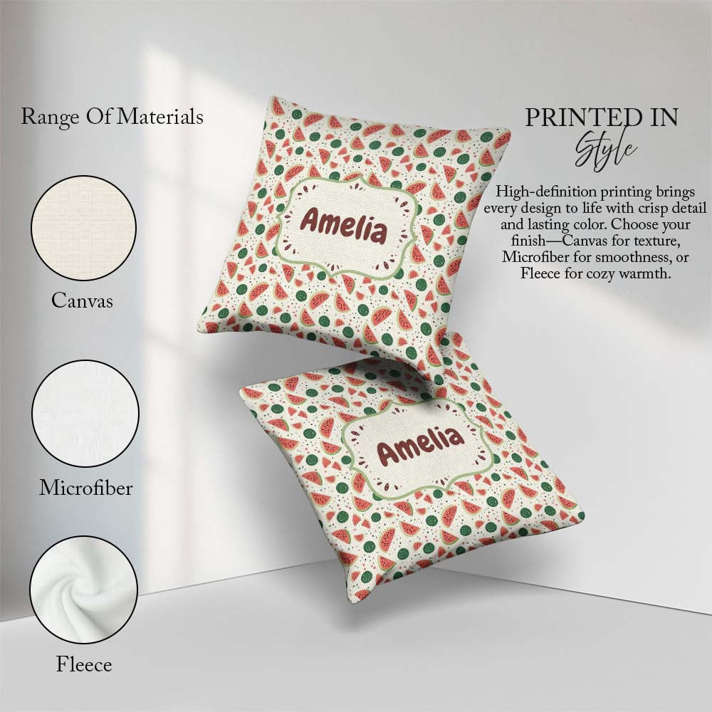 Custom Name Playful Watermelon Summer Seamless Pattern Name Cute Square Filled Cushion Throw Pillow Sofa Bed Home Decor Zip Washable UK Made