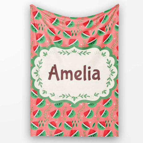 Cute Watermelon Fruit Pink Background Seamless Pattern Name Unique  Personalised Custom Name Super Soft Fleece Blanket Bed Sofa Throw