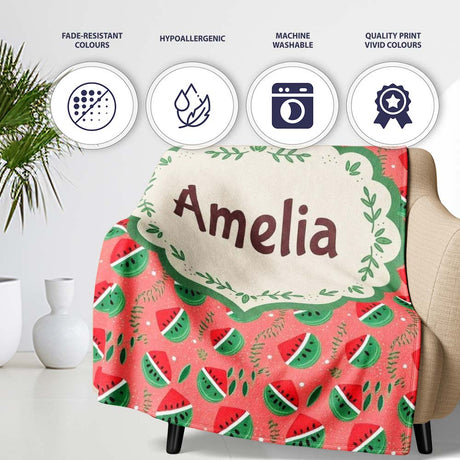 Cute Watermelon Fruit Pink Background Seamless Pattern Name Unique  Personalised Custom Name Super Soft Fleece Blanket Bed Sofa Throw