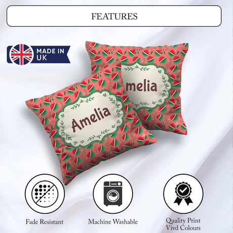 Custom Name Cute Watermelon Fruit Pink Background Seamless Name Square Filled Cushion Throw Pillow Sofa Bed Home Decor Zip Washable UK Made