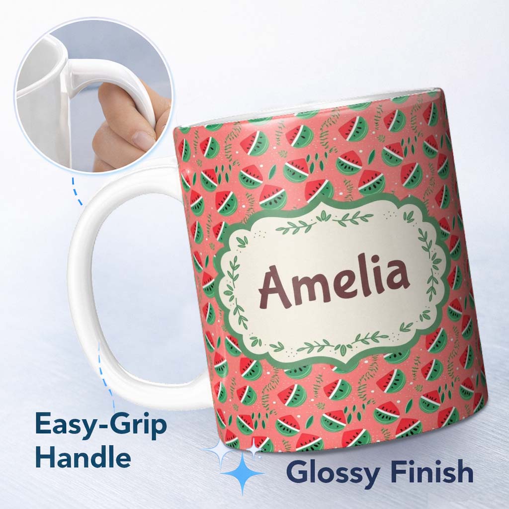 Personalized Custom Name Cute Watermelon Fruit Pink Background Seamless Pattern Name Unique 11oz Ceramic Coffee Tea Mug White Large Handle
