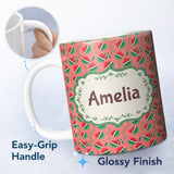 Personalized Custom Name Cute Watermelon Fruit Pink Background Seamless Pattern Name Unique 11oz Ceramic Coffee Tea Mug White Large Handle