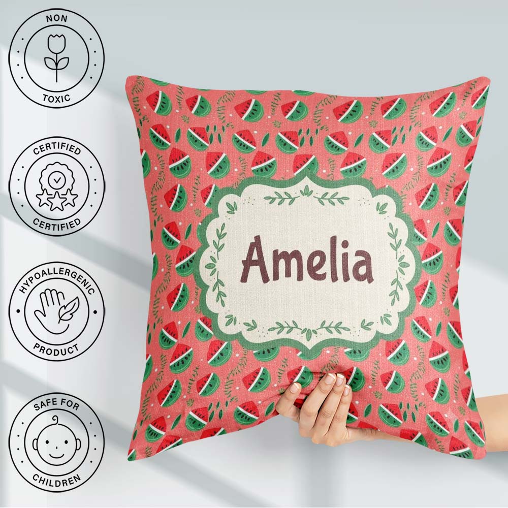 Custom Name Cute Watermelon Fruit Pink Background Seamless Name Square Filled Cushion Throw Pillow Sofa Bed Home Decor Zip Washable UK Made