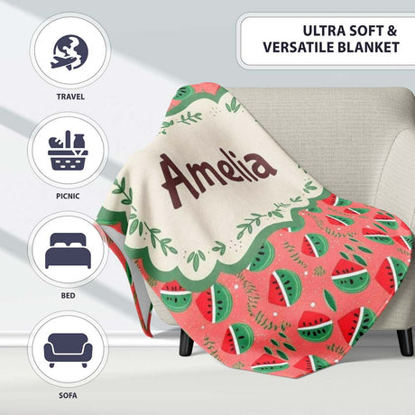 Cute Watermelon Fruit Pink Background Seamless Pattern Name Unique  Personalised Custom Name Super Soft Fleece Blanket Bed Sofa Throw
