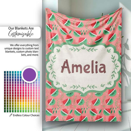 Cute Watermelon Fruit Pink Background Seamless Pattern Name Unique  Personalised Custom Name Super Soft Fleece Blanket Bed Sofa Throw