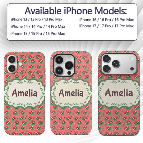 Cute Watermelon Fruit Pink Background Seamless Custom Name Protective Phone Case Mobile Cover Durable Everyday Smartphone Shock Resistant