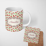 Personalized Custom Name Watercolor Watermelon Slices with Green Leaves Seamless Pattern 11oz Ceramic Coffee Tea Mug White Large Handle