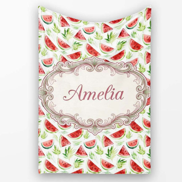 Watercolor Watermelon Slices with Green Leaves Seamless Pattern  Personalised Custom Name Super Soft Fleece Blanket Bed Sofa Throw