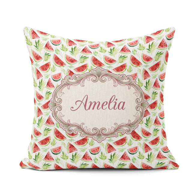 Custom Name Watercolor Slices with Green Leaves Seamless Pattern Square Filled Cushion Throw Pillow Sofa Bed Home Decor Zip Washable UK Made