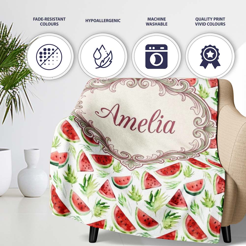 Watercolor Watermelon Slices with Green Leaves Seamless Pattern  Personalised Custom Name Super Soft Fleece Blanket Bed Sofa Throw