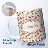 Personalized Custom Name Watercolor Watermelon Slices with Green Leaves Seamless Pattern 11oz Ceramic Coffee Tea Mug White Large Handle