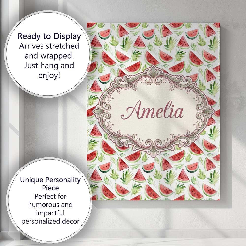 Personalised Name Watercolor Watermelon Custom  Modern Room Accent Elegant Feature Canvas Wall Art Print Decor Picture Ready to Hang