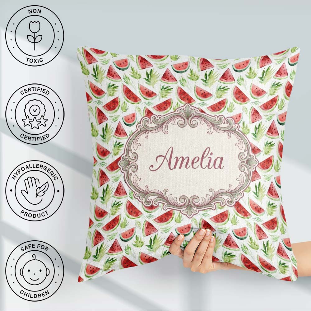 Custom Name Watercolor Slices with Green Leaves Seamless Pattern Square Filled Cushion Throw Pillow Sofa Bed Home Decor Zip Washable UK Made