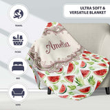 Watercolor Watermelon Slices with Green Leaves Seamless Pattern  Personalised Custom Name Super Soft Fleece Blanket Bed Sofa Throw