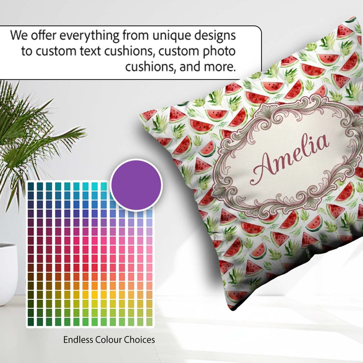 Custom Name Watercolor Slices with Green Leaves Seamless Pattern Square Filled Cushion Throw Pillow Sofa Bed Home Decor Zip Washable UK Made