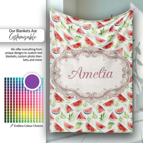 Watercolor Watermelon Slices with Green Leaves Seamless Pattern  Personalised Custom Name Super Soft Fleece Blanket Bed Sofa Throw