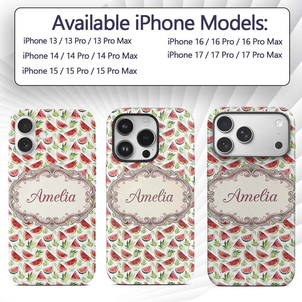Watercolor Watermelon Slices with Green Leaves Custom Name Protective Phone Case Mobile Cover Durable Everyday Smartphone Shock Resistant