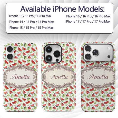 Watercolor Watermelon Slices with Green Leaves Custom Name Protective Phone Case Mobile Cover Durable Everyday Smartphone Shock Resistant
