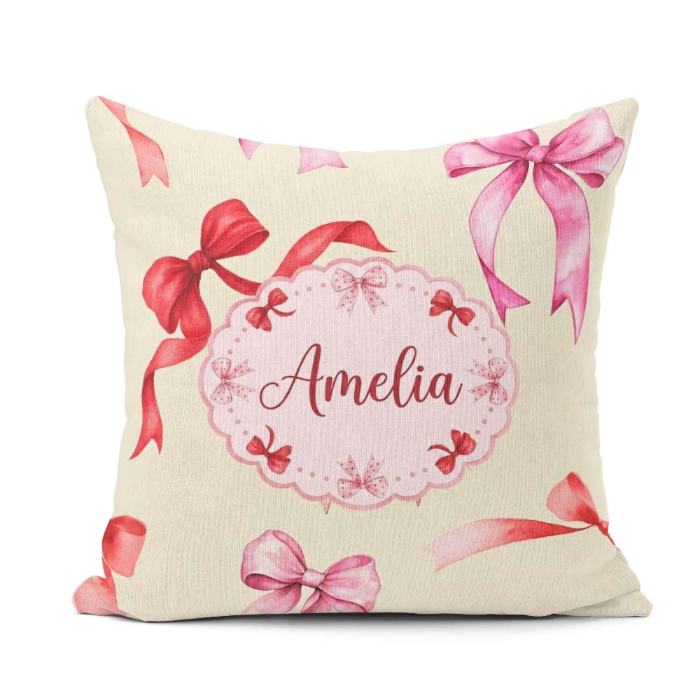 Custom Name Watercolor Ribbon Bow Seamless Pattern on Background Square Filled Cushion Throw Pillow Sofa Bed Home Decor Zip Washable UK Made