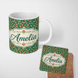 Personalized Custom Name Dark Green Background Watermelon Slice Repeat Seamless Pattern Name 11oz Ceramic Coffee Tea Mug White Large Handle