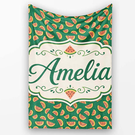 Dark Green Background Watermelon Slice Repeat Seamless Pattern Name  Personalised Custom Name Super Soft Fleece Blanket Bed Sofa Throw