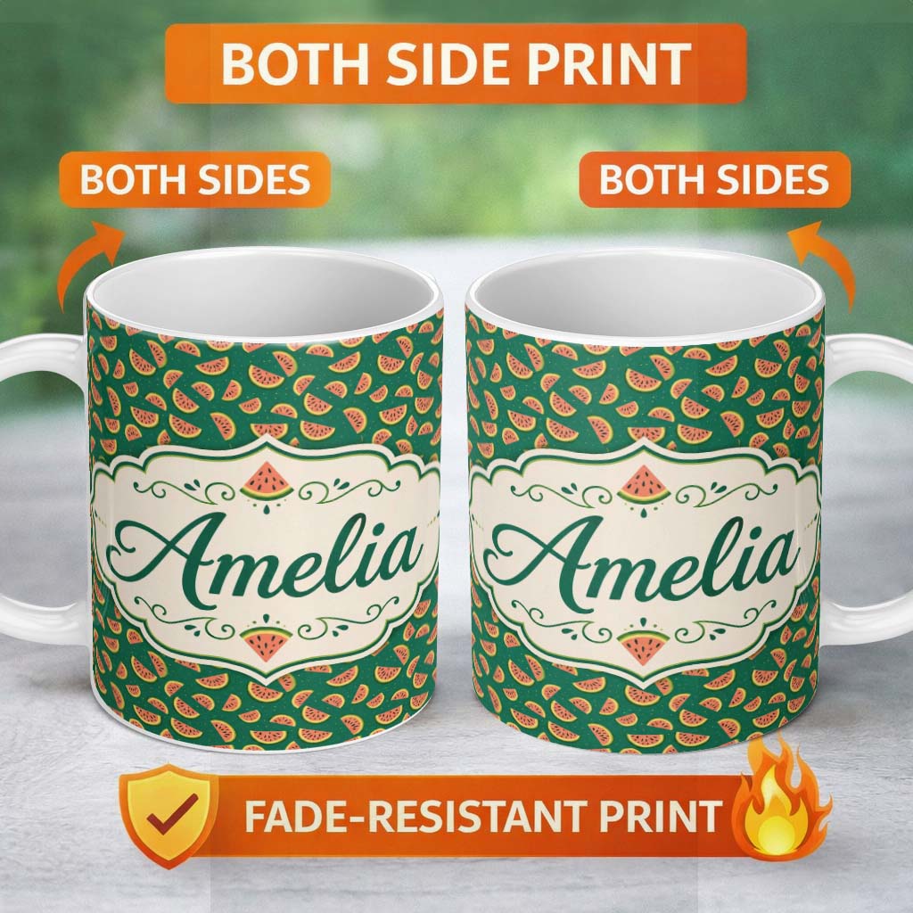 Personalized Custom Name Dark Green Background Watermelon Slice Repeat Seamless Pattern Name 11oz Ceramic Coffee Tea Mug White Large Handle