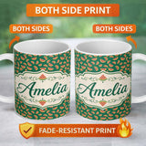 Personalized Custom Name Dark Green Background Watermelon Slice Repeat Seamless Pattern Name 11oz Ceramic Coffee Tea Mug White Large Handle