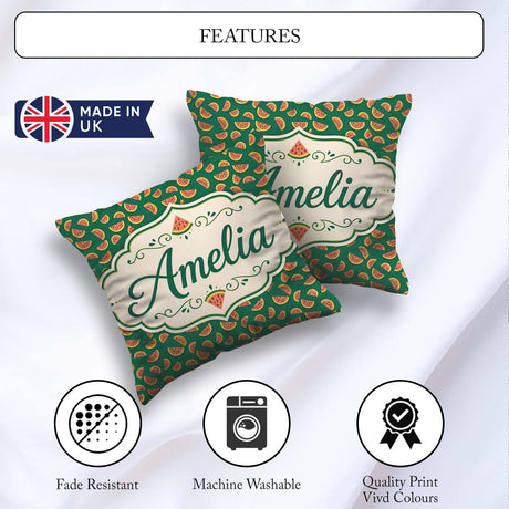 Custom Name Dark Green Background Watermelon Slice Seamless Name Square Filled Cushion Throw Pillow Sofa Bed Home Decor Zip Washable UK Made