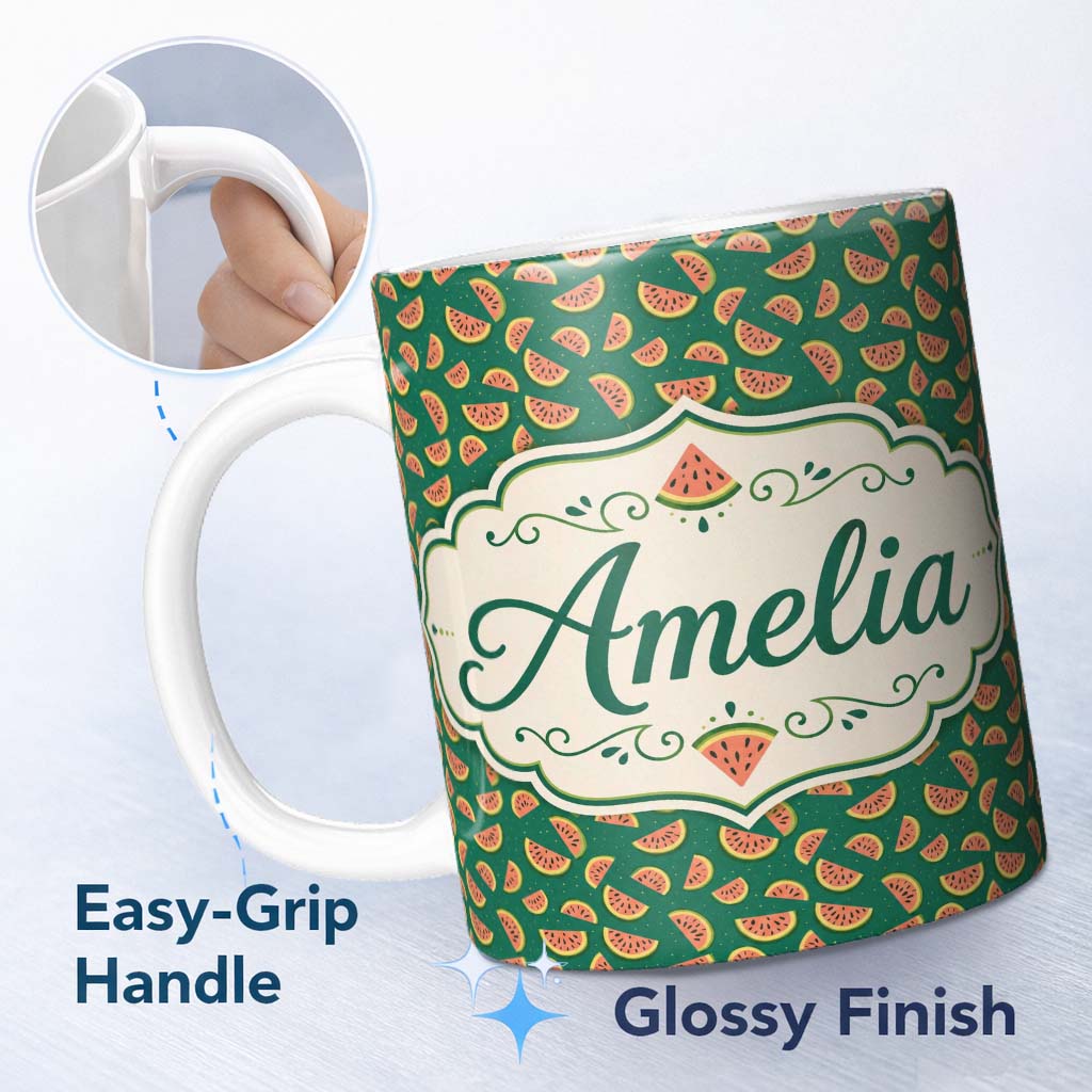 Personalized Custom Name Dark Green Background Watermelon Slice Repeat Seamless Pattern Name 11oz Ceramic Coffee Tea Mug White Large Handle