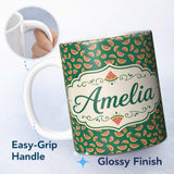 Personalized Custom Name Dark Green Background Watermelon Slice Repeat Seamless Pattern Name 11oz Ceramic Coffee Tea Mug White Large Handle