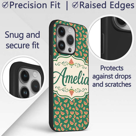 Dark Green Background Watermelon Slice Repeat Custom Name Protective Phone Case Mobile Cover Durable Everyday Smartphone Shock Resistant
