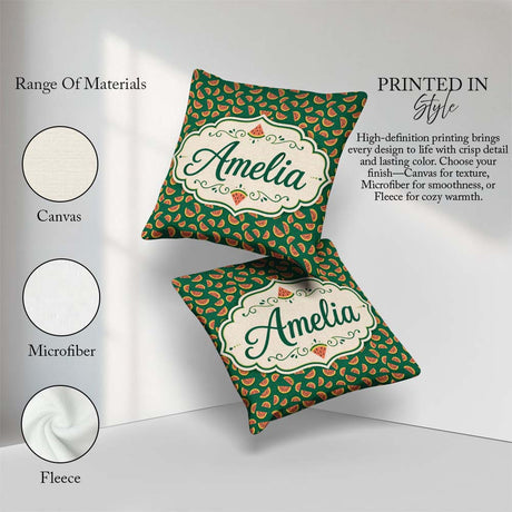Custom Name Dark Green Background Watermelon Slice Seamless Name Square Filled Cushion Throw Pillow Sofa Bed Home Decor Zip Washable UK Made