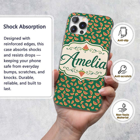 Dark Green Background Watermelon Slice Repeat Custom Name Protective Phone Case Mobile Cover Durable Everyday Smartphone Shock Resistant