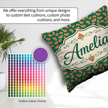 Custom Name Dark Green Background Watermelon Slice Seamless Name Square Filled Cushion Throw Pillow Sofa Bed Home Decor Zip Washable UK Made