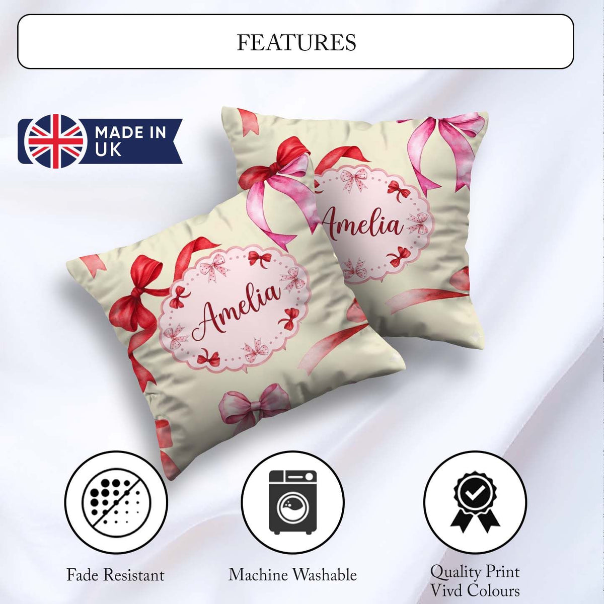 Custom Name Watercolor Ribbon Bow Seamless Pattern on Background Square Filled Cushion Throw Pillow Sofa Bed Home Decor Zip Washable UK Made